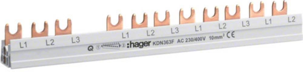 HAGER - KDN363F Phasenschiene 3polig 63A 10qmm 12 Module - Einh.Gabelanschluss - isoliert - grau