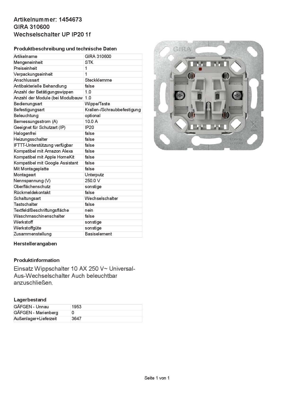 GIRA System 55 (310600) Wechselschalter ein/aus - UP IP20 1f