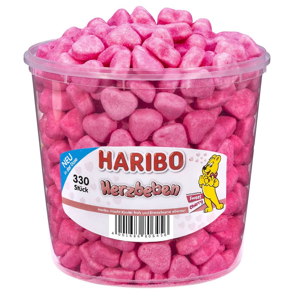 HARIBO Herzbeben, Sweet Cherry Schaumzucker mit Kirschgeschmack 330 Stück, 1,2 kg Dose