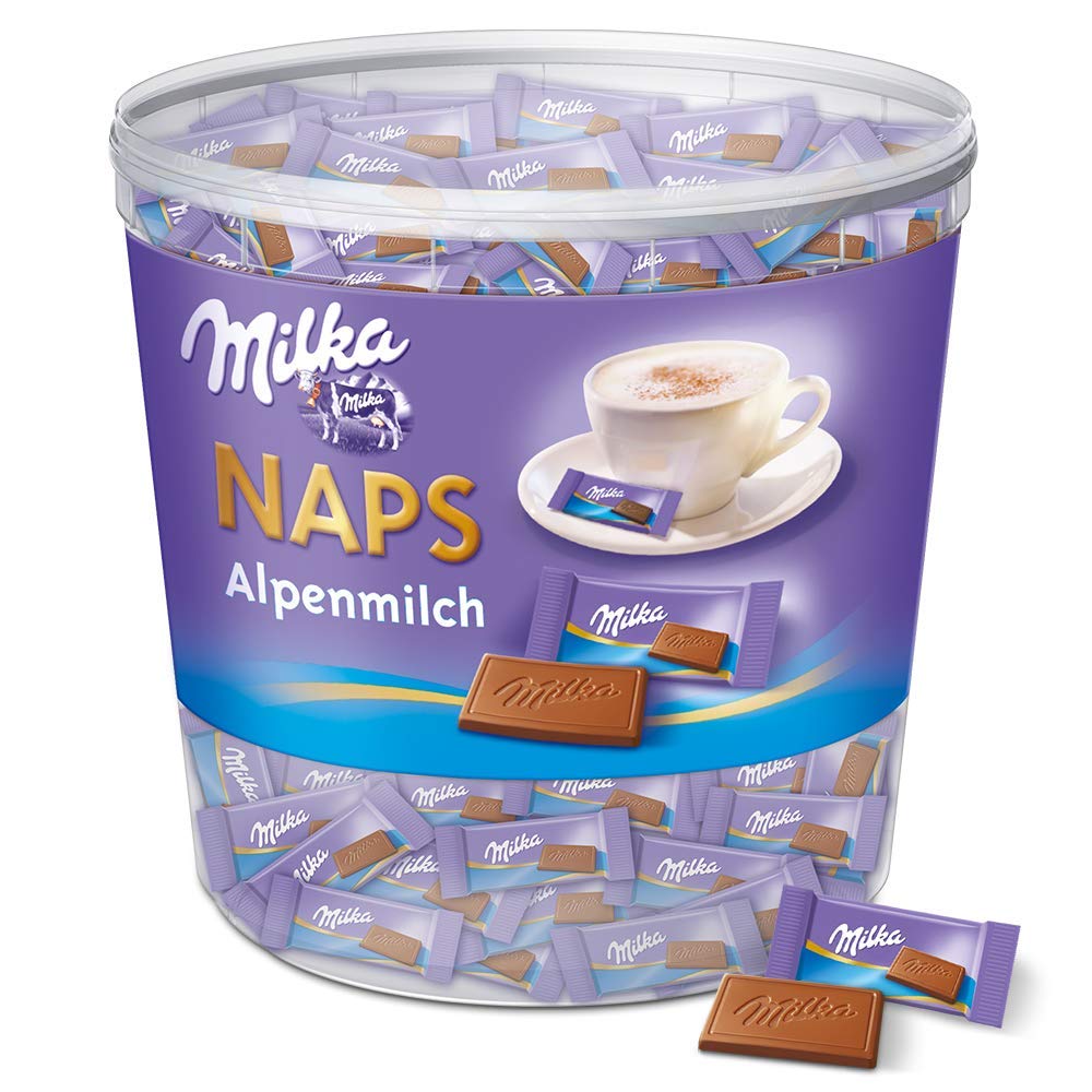 Milka - Naps Alpenmilch 1 x 1kg, Zartschmelzende Mini-Schokoladentäfelchen aus feiner Alpenmilchschokolade, Dose