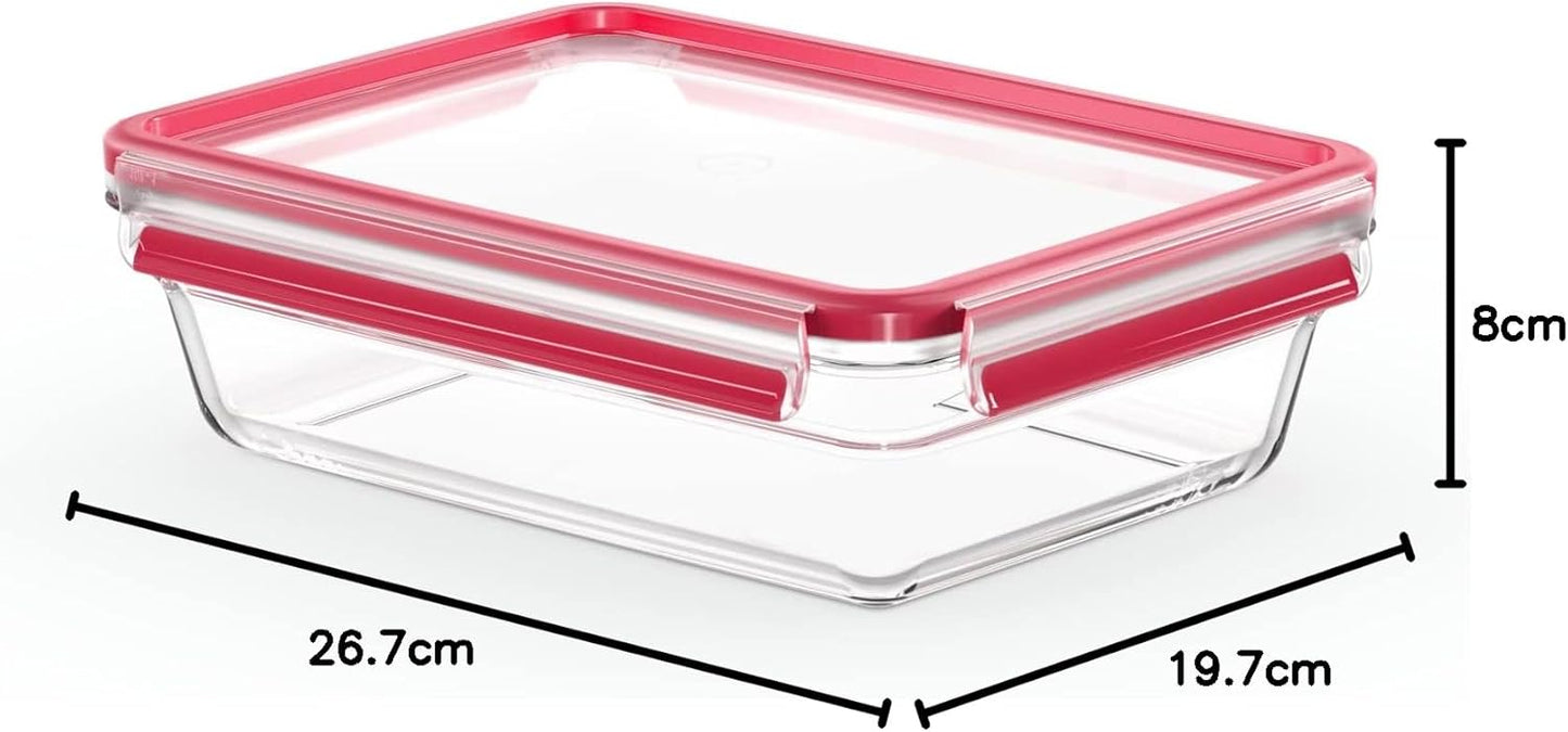 EMSA - Clip & Close Glas Frischhaltedose, rechteckig, 2 L, 100 Prozent dicht, rutschfestes Stapeln, Glasbehälter spülmaschinen-, gefrier-, backofen-, mikrowellenfest, Rot, Transparent, N10411