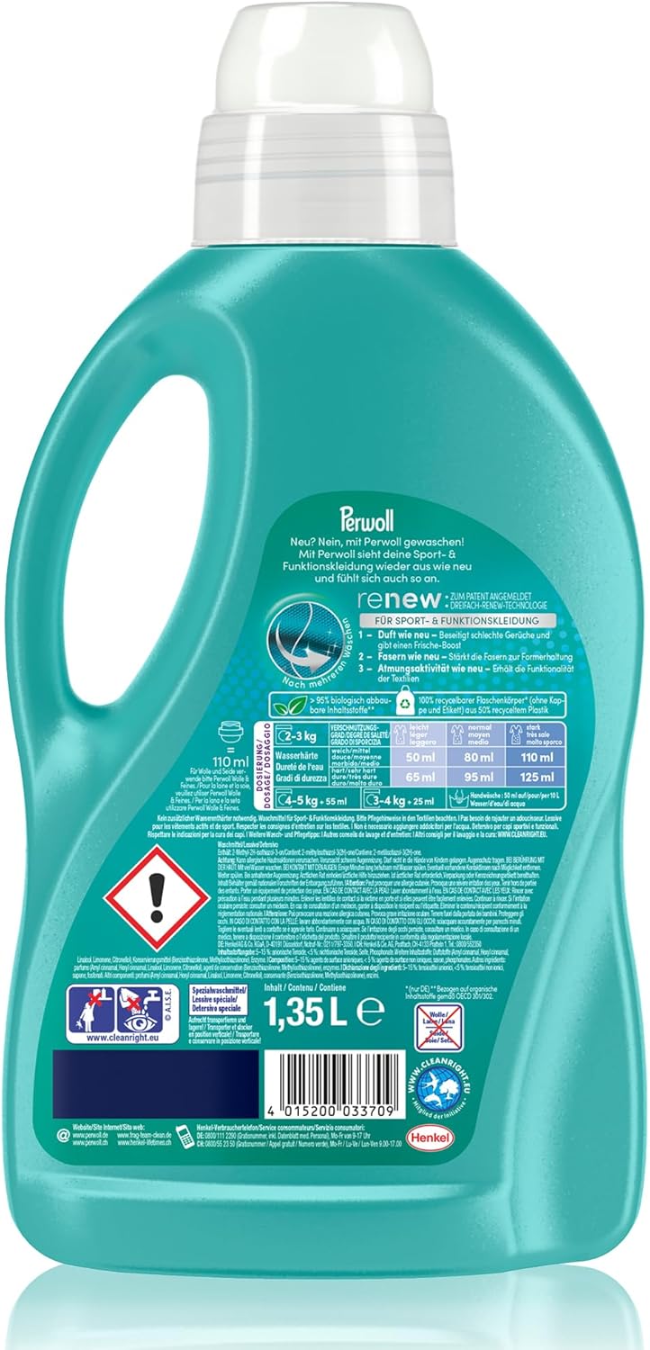 Perwoll Sport Waschmittel (27 Waschladungen), Hygiene Waschmittel reinigt sanft, entfernt schlechte Gerüche & erhält die Elastizität, für Sport- und Funktionskleidung, mit Dreifach-Renew-Technologie