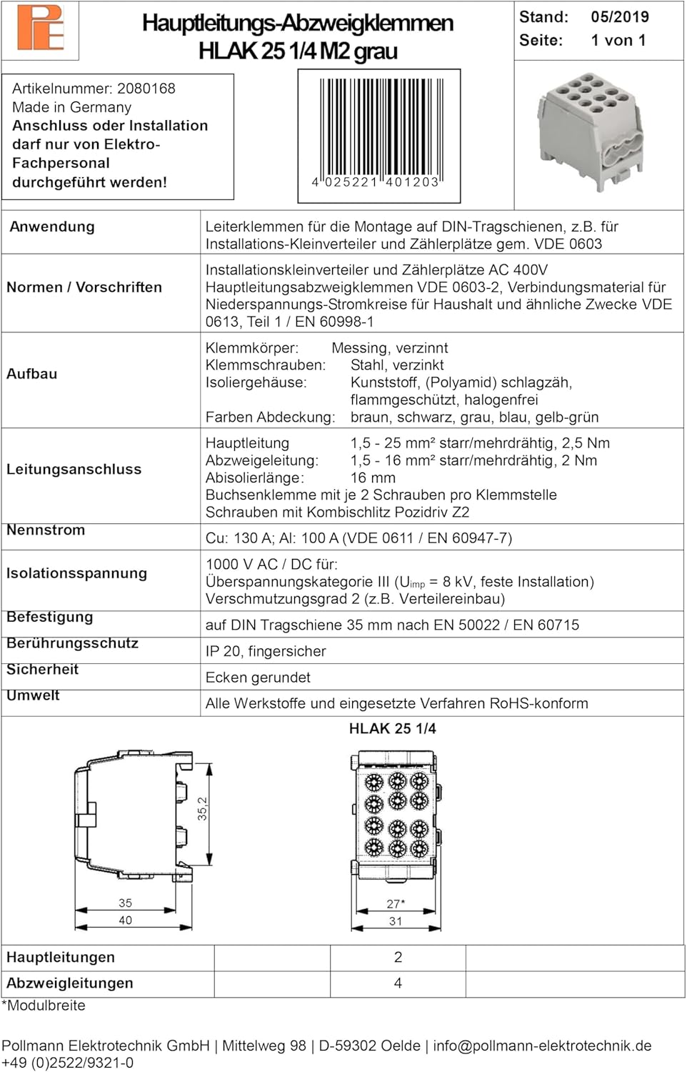 Pollmann HLAK 25 1/4 M2 grau Hauptleitungsklemme, Abzweigklemme