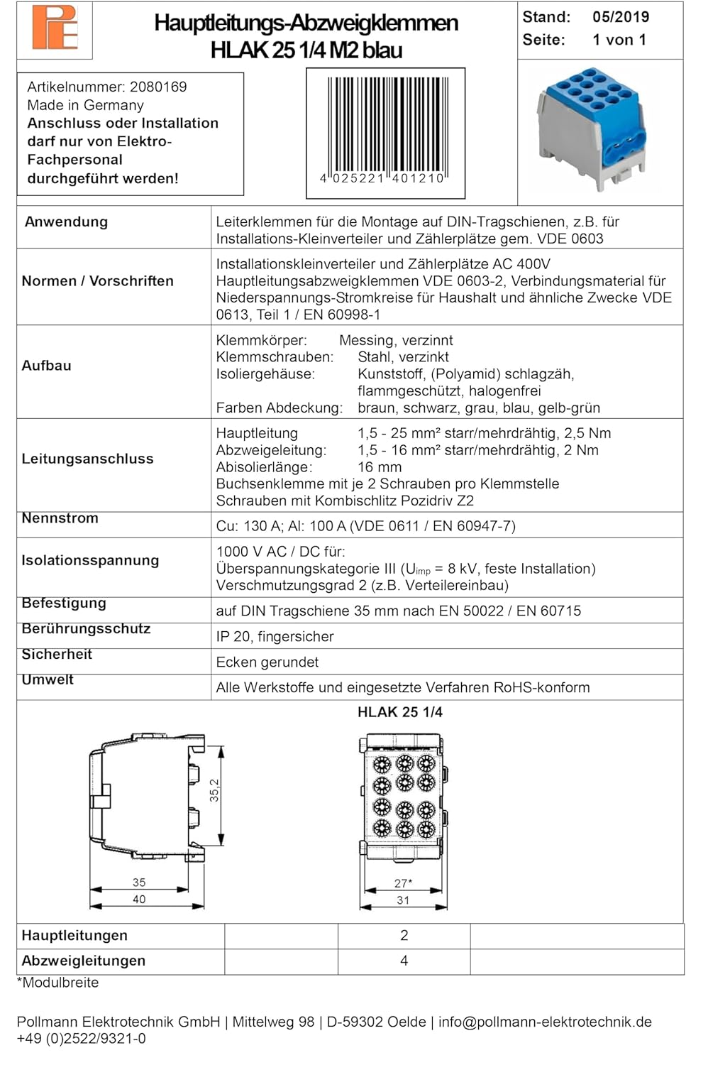 Pollmann HLAK 25-1/4 M2 blau Hauptleitungsabzweigklemme