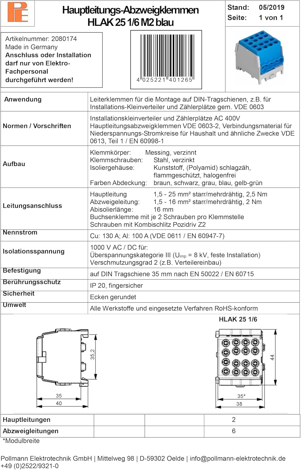 Pollmann HLAK 25-1/6 M2 blau Hauptleitungsabzweigklemme