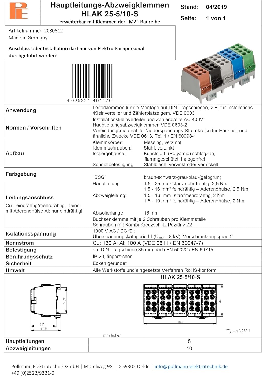 Pollmann - HLAK 25-5/10 BSG-S - Hauptleitungs Abzweigklemme 5 polig für Hutschiene - Strom Verteiler mit VDE, Braun / Grün / Schwarz / Blau / Grau, Kunststoff