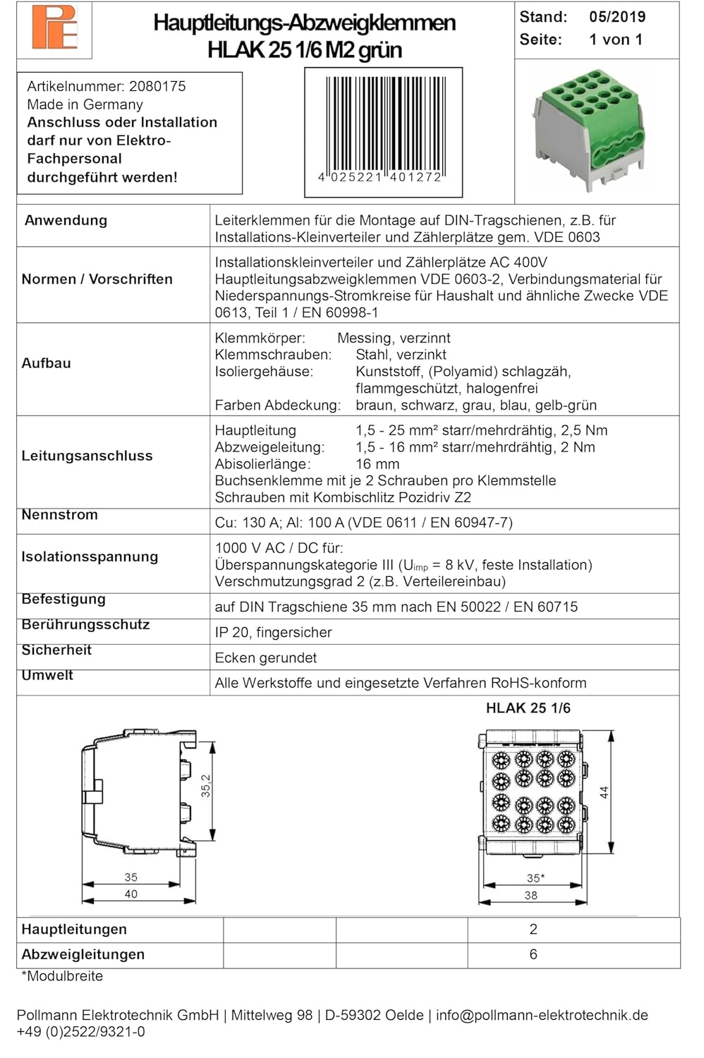 Pollmann Abzweigklemme HLAK 25 1/6 M2 grün