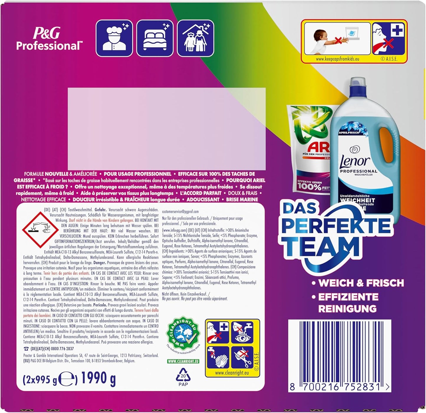 Ariel Professional All-in-1-Pods Waschkapseln Color+, bekämpft alle Arten von Fettflecken, für den professionellen Gebrauch