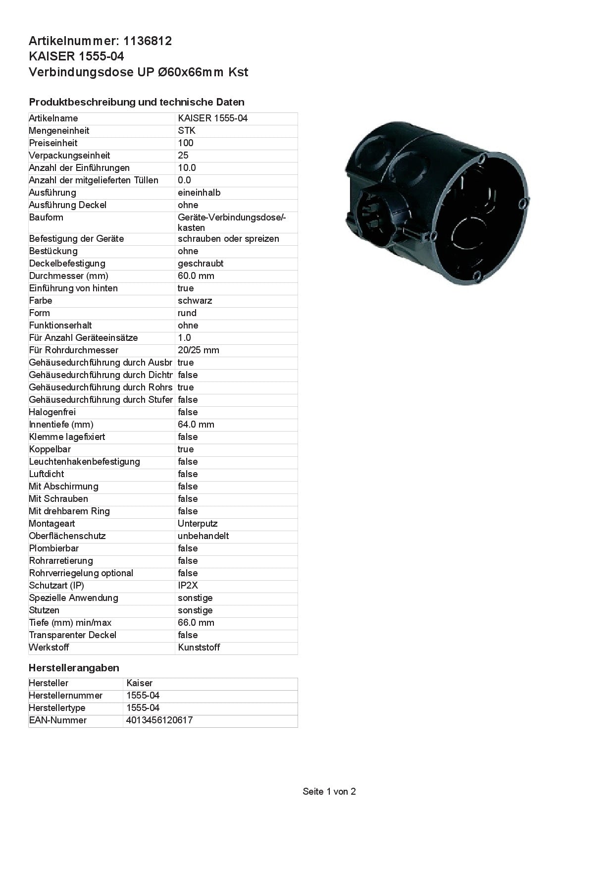Kaiser 1555-04 UP-Schalterdose - Verbindungsdose - Fräsloch-Ø 60 mm, Tiefe 66 mm - 10 Stück