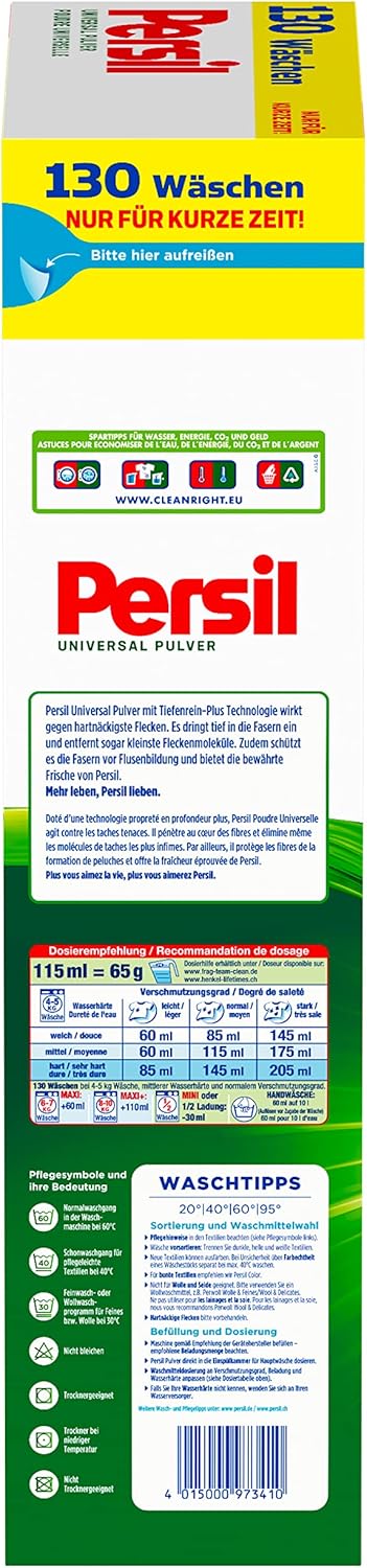 Persil Universal Pulver Tiefenrein Waschmittel (130 Waschladungen), Vollwaschmittel für reine Wäsche und hygienische Frische für die Maschine, effektiv von 20 °C bis 95 °C