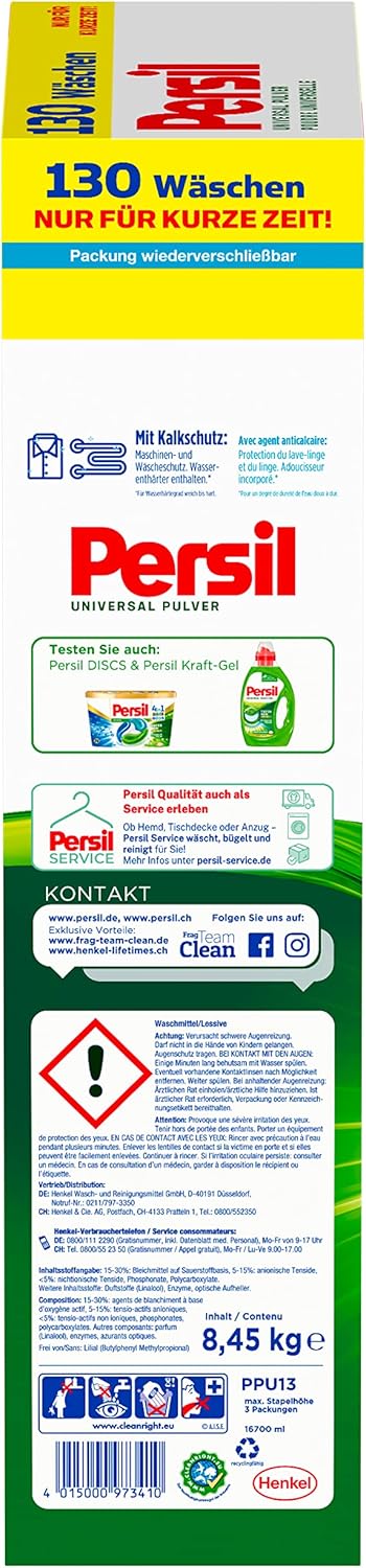 Persil Universal Pulver Tiefenrein Waschmittel (130 Waschladungen), Vollwaschmittel für reine Wäsche und hygienische Frische für die Maschine, effektiv von 20 °C bis 95 °C