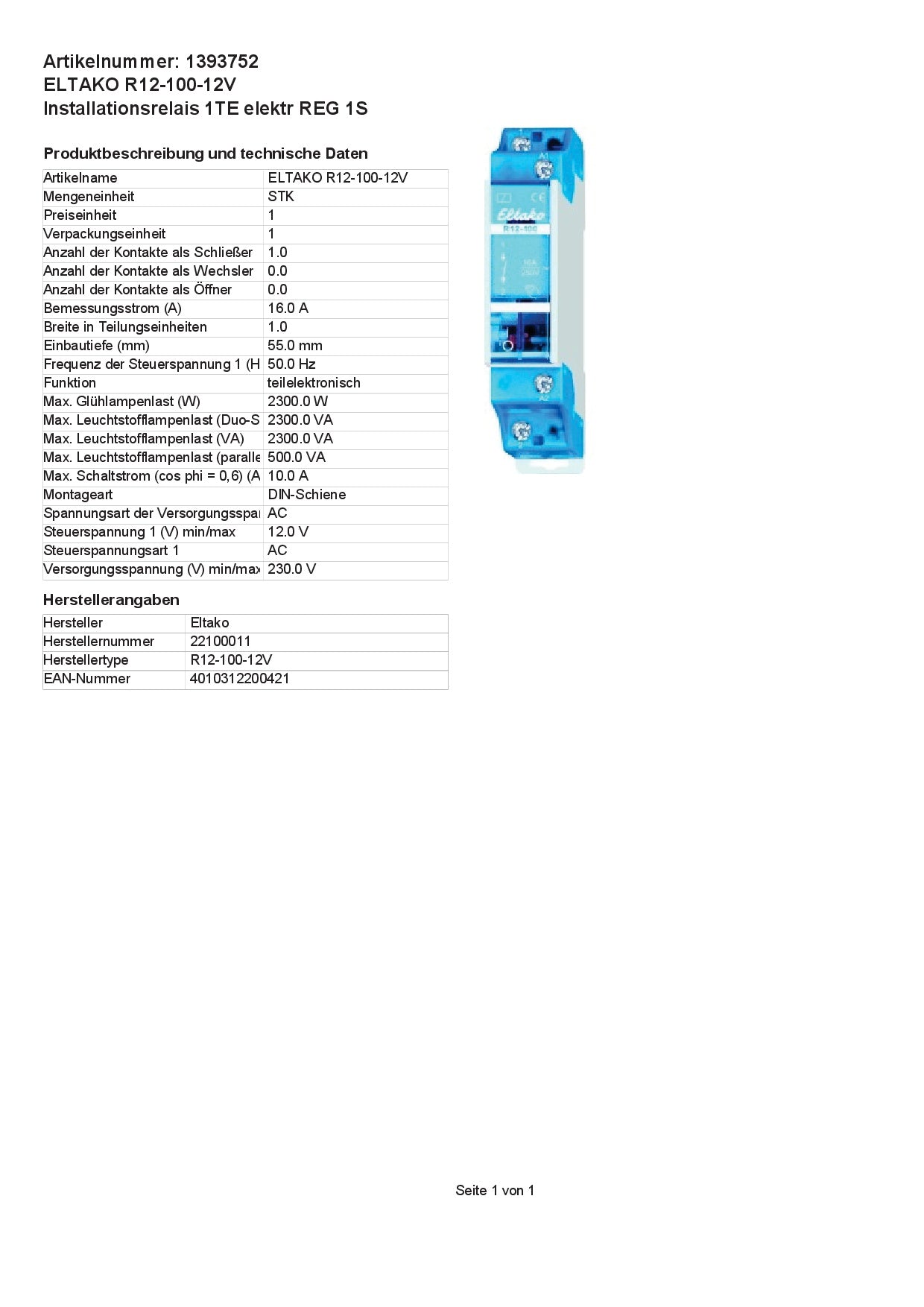 Eltako R12-100-12V Elektromechanische Schaltrelais - Installationsrelais 1TE elektr REG 1S 12V/AC 16A