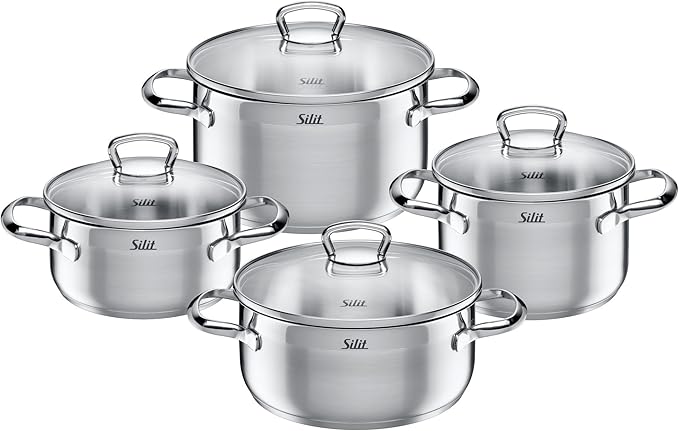 Silit Toskana Topfset Induktion 4-teilig, Kochtopf Set mit Glasdeckel, Edelstahl teilmattiert, Induktions Töpfe Set unbeschichtet