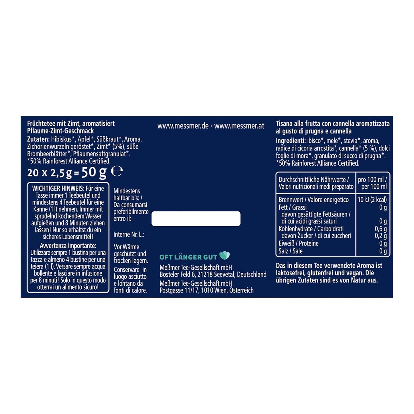 Meßmer - Zimt-Pflaume - 20 Teebeutel - Vegan - Glutenfrei - Laktosefrei - 50g