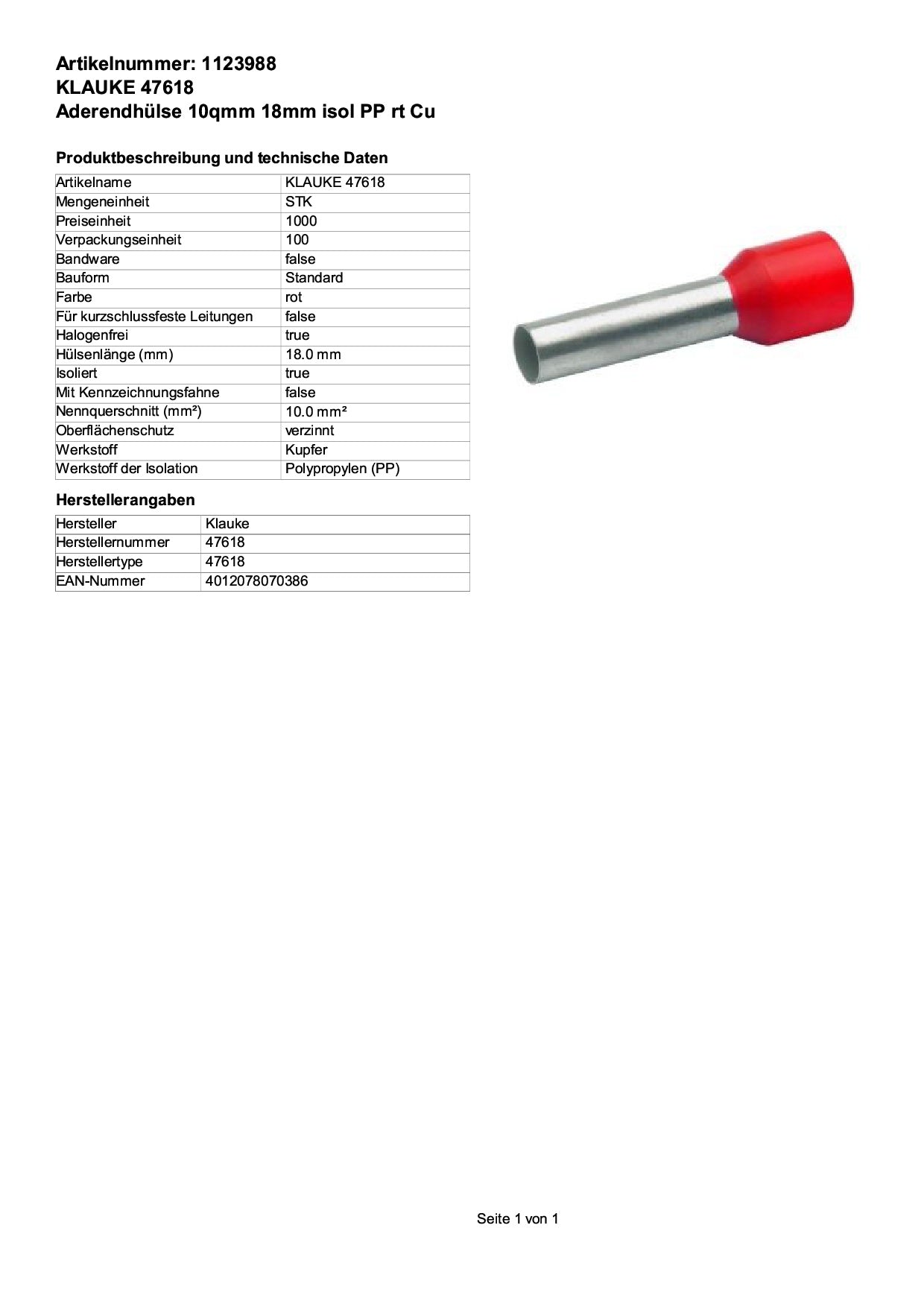 KLAUKE - 47618 Aderendhülse 10 mm² Teilisoliert Rot - 100 St.