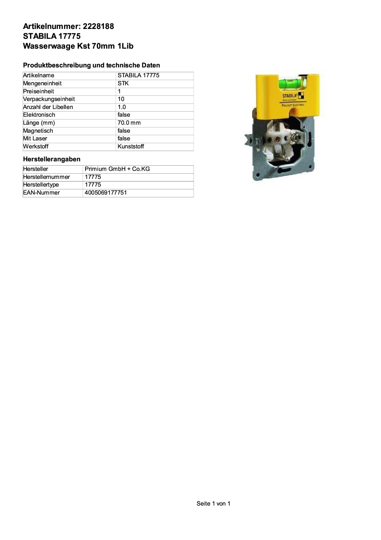 STABILA Mini-Wasserwaage Pocket Electric, 7 cm, starker Seltenerd-Magnet, 1 Horizontal-Libelle, Made in Germany, Gelb