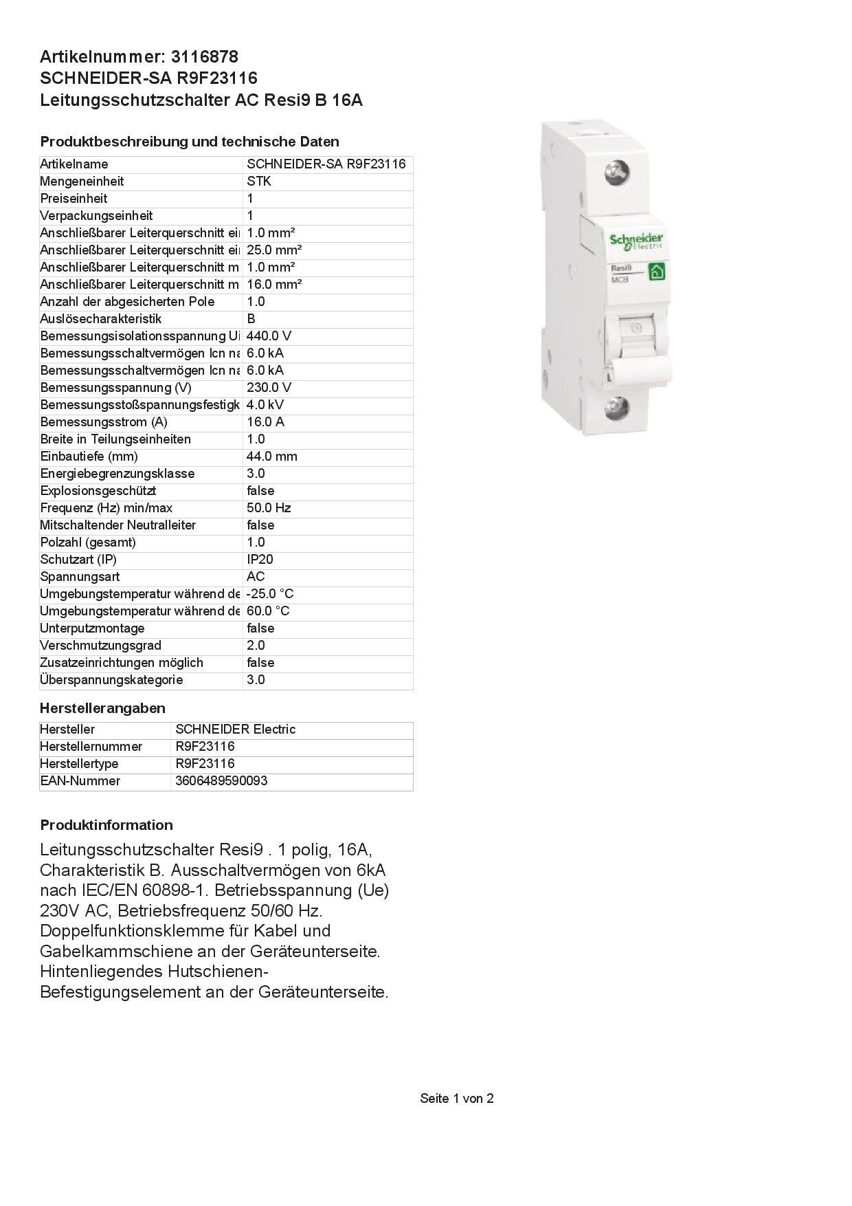 Schneider Electric - Leitungsschutzschalter RESI9 1P 16A B 6KA, R9F23116
