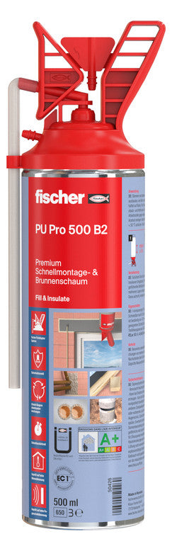Fischer - Premium Schnellmontage- und Brunnenschaum PU 500 - Bauschaum zum Verkleben, Abdichten und Füllen - PU-Schaum inkl. Fix-Adapter für sofortigen Einsatz und Wiederverwendung - 500 ml - beige