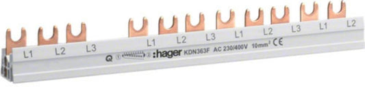 HAGER - KDN363F Phasenschiene 3polig  63A 10qmm 12 Module - Einh.Gabelanschluss - isoliert - grau