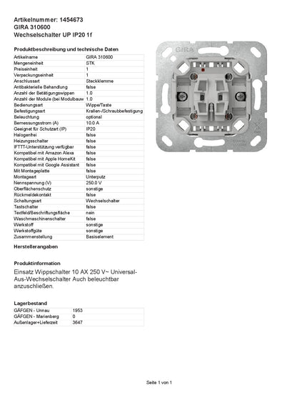 GIRA System 55 (310600) Wechselschalter ein/aus - UP IP20 1f