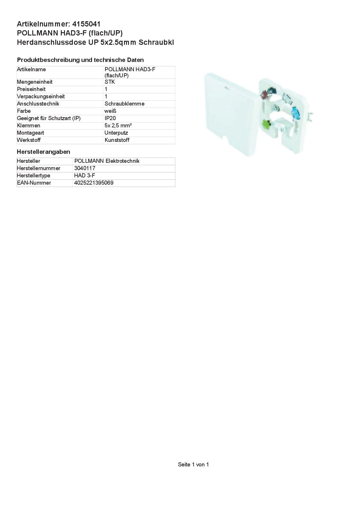 Pollmann Herdanschlussdose HAD3-F (flach/UP), 5-polig, reinweiß - 1 Stk.