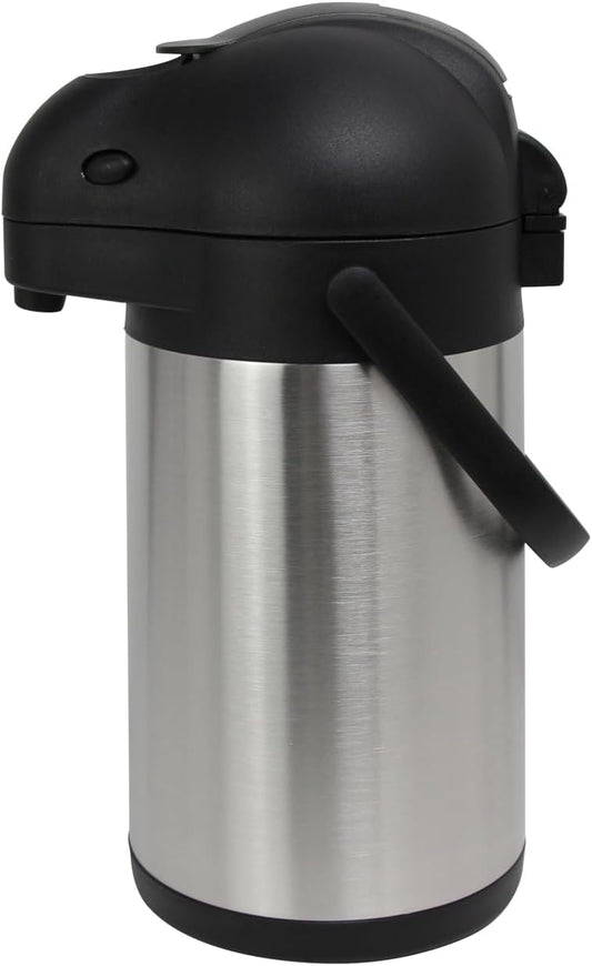 METRO Professional - Airpot Pumpkanne, 1.9L / 3L / 5L, Edelstahl, Isolierkanne mit Zapfhahn, hält 12h heiß & 24h kalt, schwenkbarer Griff, Abnehmbarer Deckel, Silber