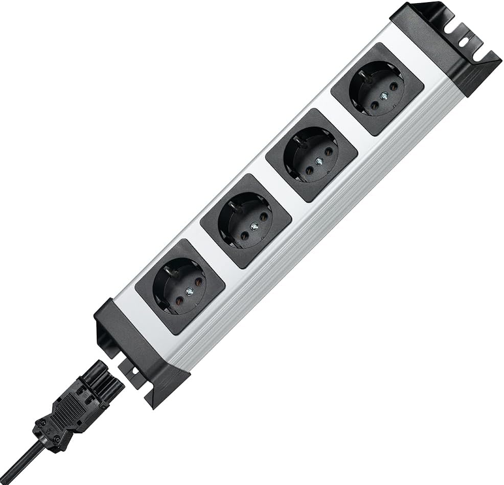 Kopp - Powerversal Steckdosenleiste 4-fach, Quick-Plug-System Eingang/Ausgang, Wieland-Eingang, kaskadierbar, um 90° gedrehte Anschlüsse, 65mm Topfabstand, anschraubbar, IP20, silberschwarz (ohne Kabel & Schalter)