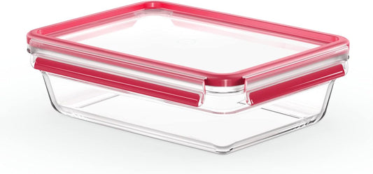 EMSA - Clip & Close Glas Frischhaltedose, rechteckig, 2 L, 100 Prozent dicht, rutschfestes Stapeln, Glasbehälter spülmaschinen-, gefrier-, backofen-, mikrowellenfest, Rot, Transparent, N10411
