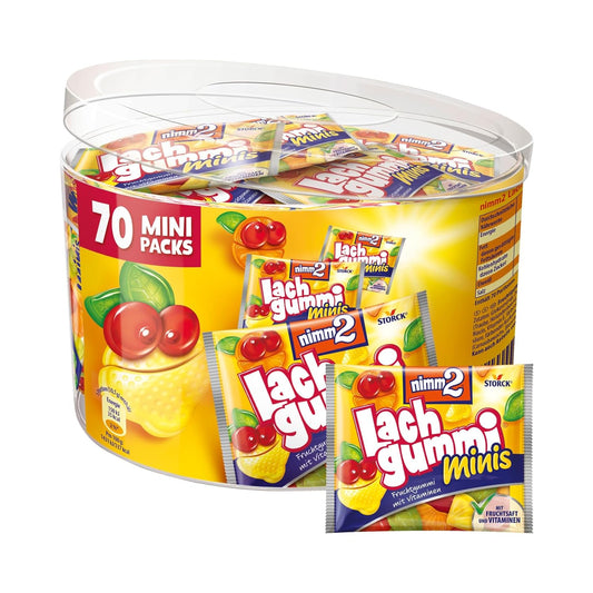 nimm2 Lachgummi Minis Runddose – 1 x 735g (70 Mini Packs) – Fruchtgummi mit Fruchtsaft und Vitaminen