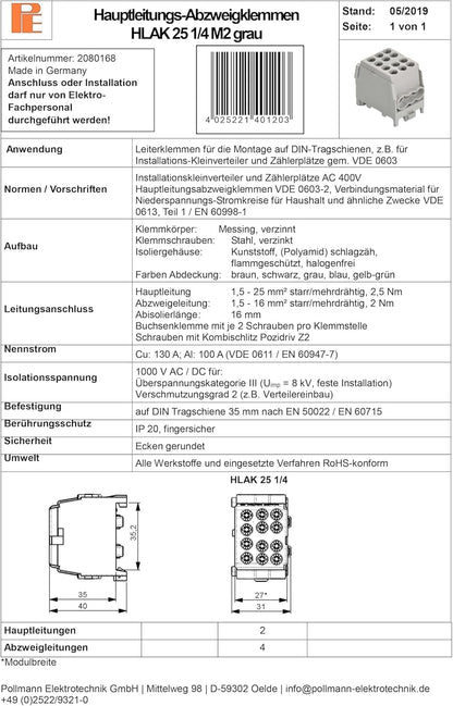 Pollmann HLAK 25 1/4 M2 grau Hauptleitungsklemme, Abzweigklemme