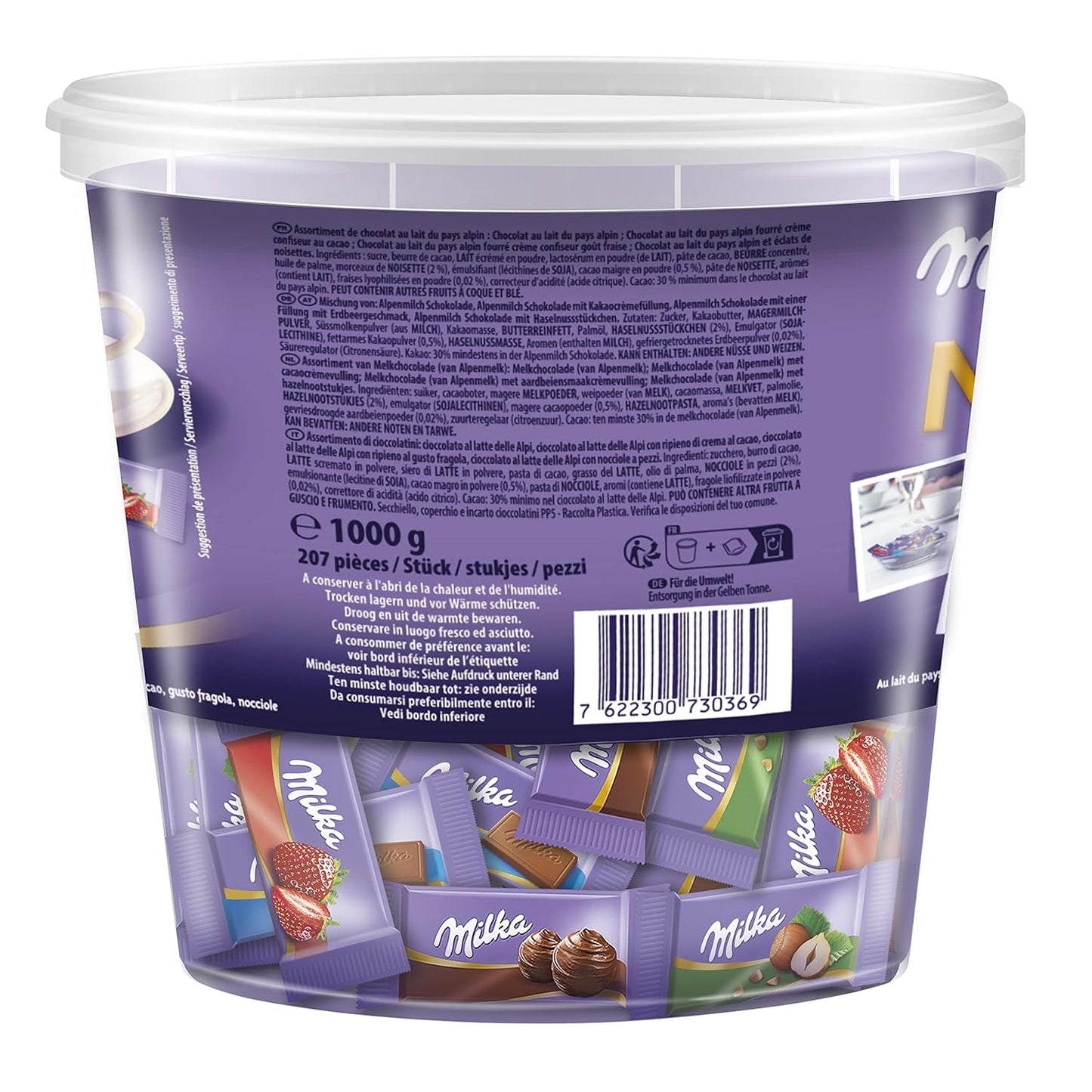 Milka Naps Mix 1 x 1kg Dose, Zartschmelzende Mini-Schokoladentäfelchen aus Alpenmilch, Erdbeer, Haselnuss und Crème au Cacao