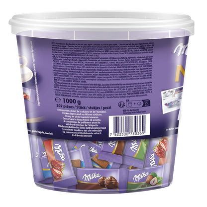 Milka Naps Mix 1 x 1kg Dose, Zartschmelzende Mini-Schokoladentäfelchen aus Alpenmilch, Erdbeer, Haselnuss und Crème au Cacao