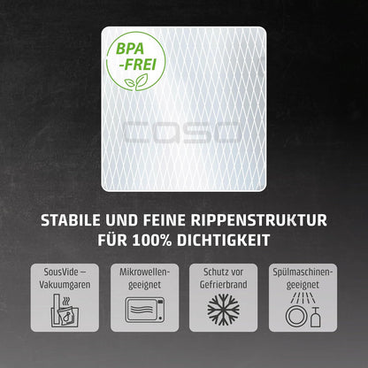 CASO Profi- Standbeutel Set/Vakuumbeutel mit Standboden, ideal für das Vakuumieren von Flüssigkeiten und voluminösen Lebensmitteln, 25 Stk., 3 verschiedene Größen, ca. 150µm, BPA-Frei