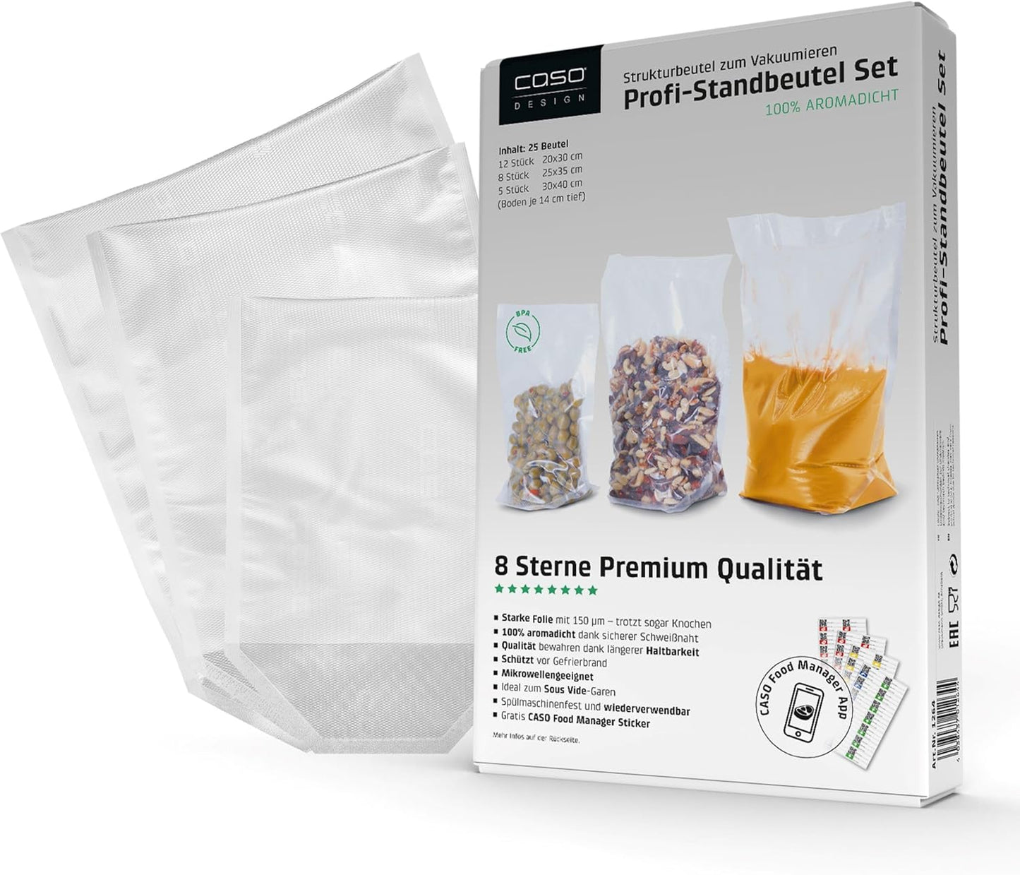 CASO Profi- Standbeutel Set/Vakuumbeutel mit Standboden, ideal für das Vakuumieren von Flüssigkeiten und voluminösen Lebensmitteln, 25 Stk., 3 verschiedene Größen, ca. 150µm, BPA-Frei