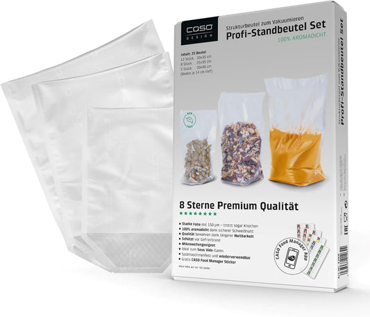 CASO Profi- Standbeutel Set/Vakuumbeutel mit Standboden, ideal für das Vakuumieren von Flüssigkeiten und voluminösen Lebensmitteln, 25 Stk., 3 verschiedene Größen, ca. 150µm, BPA-Frei
