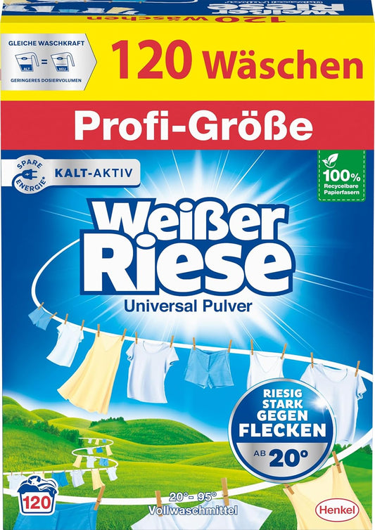 Weißer Riese Universal Pulver in Profi-Größe (120 Waschladungen), Waschpulver Großpackung für Industrie & Gewerbe, kalt-aktives Vollwaschmittel wirkt riesig stark gegen Flecken ab 20 °C