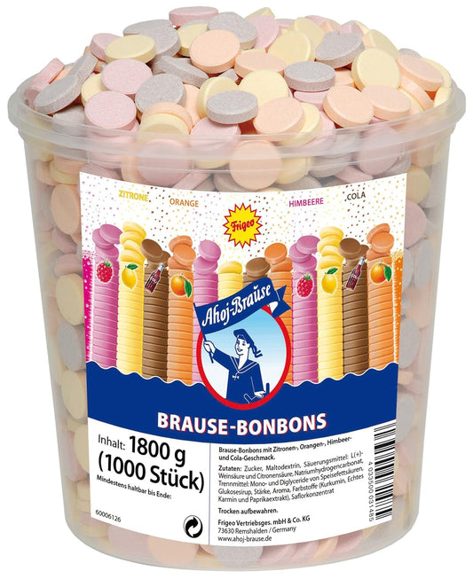 Frigeo Ahoj-Brause - Die Klassiker: runde Bonbons in den vier Geschmacksrichtungen Zitrone, Orange, Himbeere und Cola -  1000 Stück im Eimer - 1,8kg