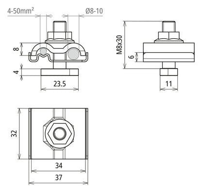 Dehn+Söhne Uni-Erdungsklemme8.10 AQ4 50 HKSM8 V2A - Verbinder für Blitzschutz, 1x Universalerdungsklemme, Silber