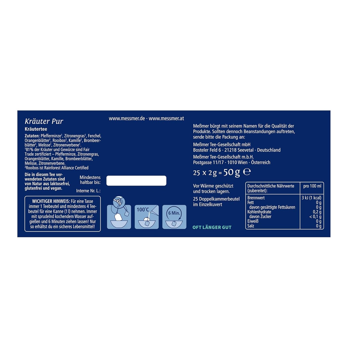 Meßmer - Kräuter pur - 25 Teebeutel - Vegan - Glutenfrei - Laktosefrei - 50g