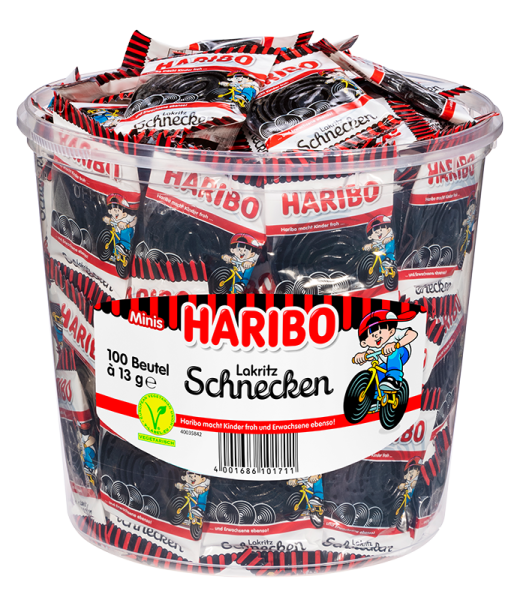 Haribo - Lakritz Schnecken Minis - 100 Minibeutel, 1,3kg Dose