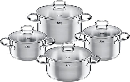 Silit Toskana Topfset Induktion 4-teilig, Kochtopf Set mit Glasdeckel, Edelstahl teilmattiert, Induktions Töpfe Set unbeschichtet