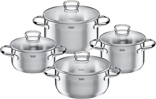 Silit Toskana Topfset Induktion 4-teilig, Kochtopf Set mit Glasdeckel, Edelstahl teilmattiert, Induktions Töpfe Set unbeschichtet
