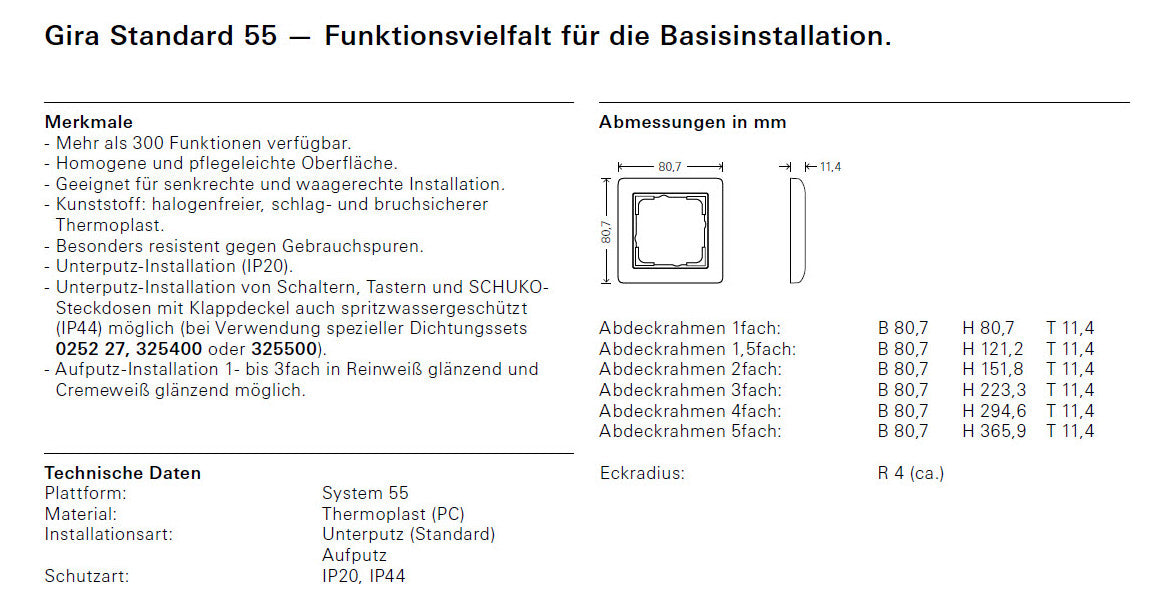 GIRA Serie Standard 55 - reinweiß glänzend (021403) 4-fach Rahmen