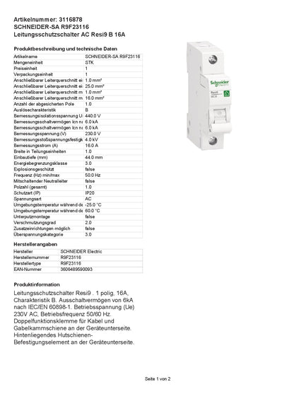 Schneider Electric - Leitungsschutzschalter RESI9 1P 16A B 6KA, R9F23116