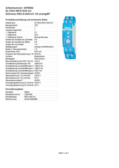 Eltako MFZ12DX-UC Zeitrelais Multifunktional 230V 1 St. Zeitbereich: 0.1s - 40h 1 Wechsler, 58x20mm